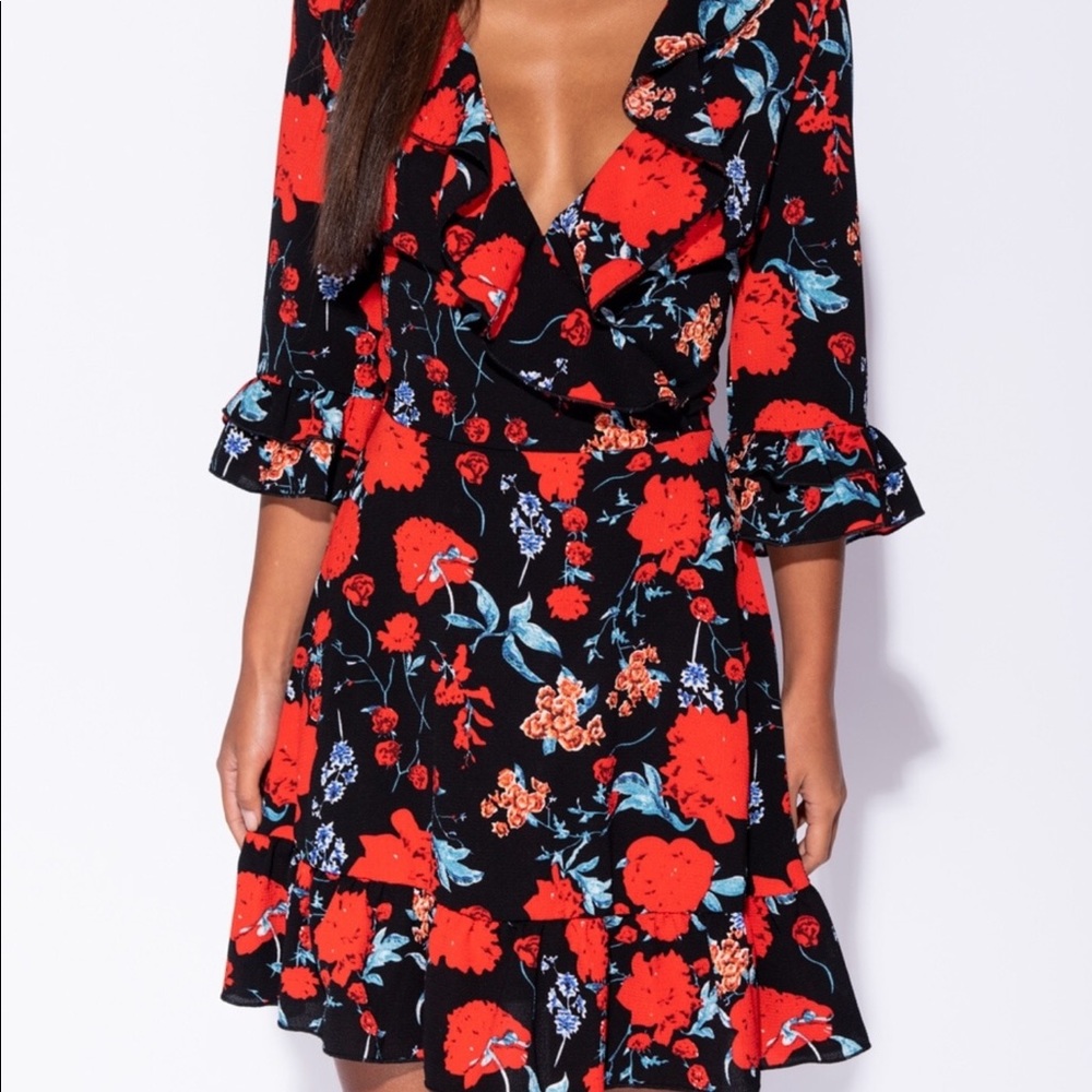 BELLA Black and Red Floral Dress - Picture 3 of 8